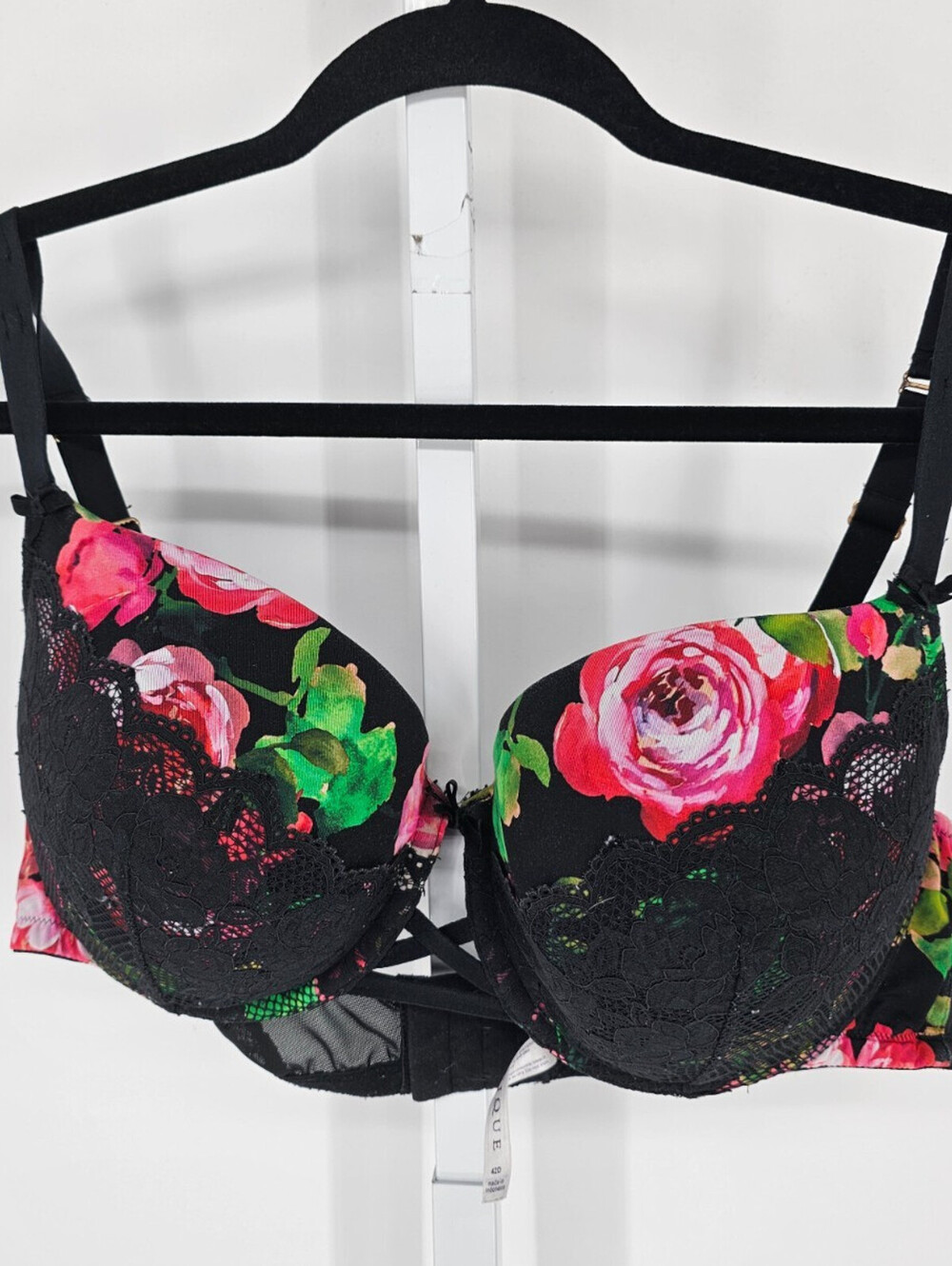 Cacique Womens Sz 42D Padded T Shirt Bra Floral w/ Black Lace Trim